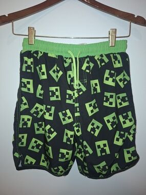 Kids Black & Green Swim Trunks with Creeper Print